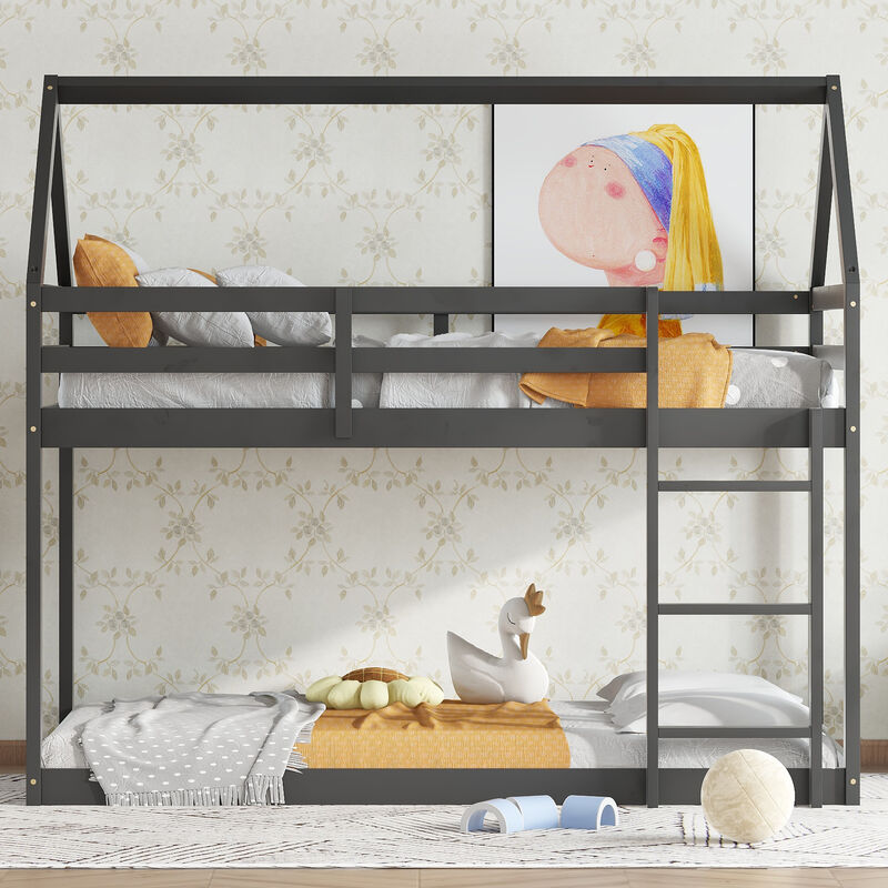 Whisen Twin over Twin Rubber Wood House-Shaped Floor Bunk Bed with ladder and Safety Guardrails image number 2