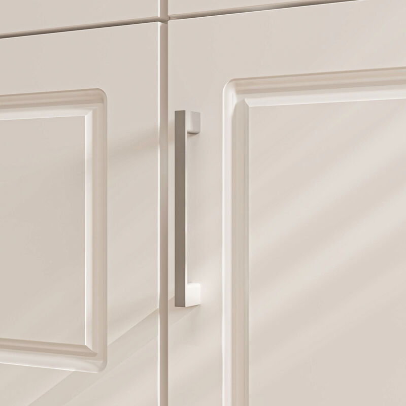 FUFU&GAGA White Paint Finish Kitchen Island with 5 Drawers 2 Doors Adjustable Shelves Silver Handles 66.9''L × 31.4''W × 37''H