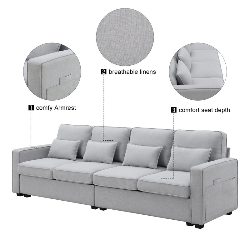 4-Seater Modern Linen Fabric Sofa With Armrest Pockets And 4 Pillows, Minimalist Style