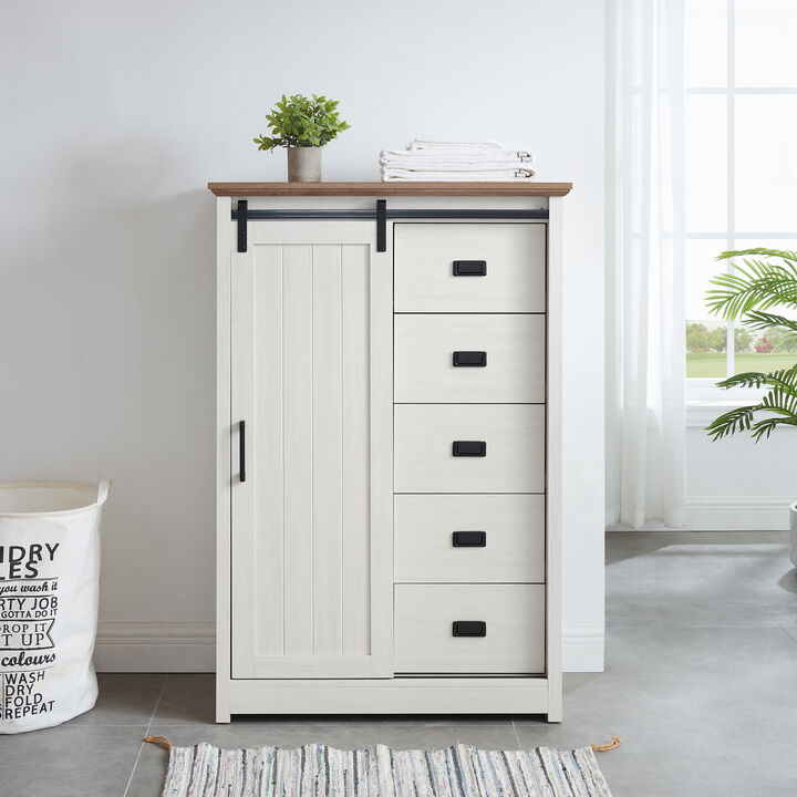 5 Drawers Dresser With Sliding Barn Door, Farmhouse Tall Dresser 5 Chest of Drawers, Storage Organizer Dresser