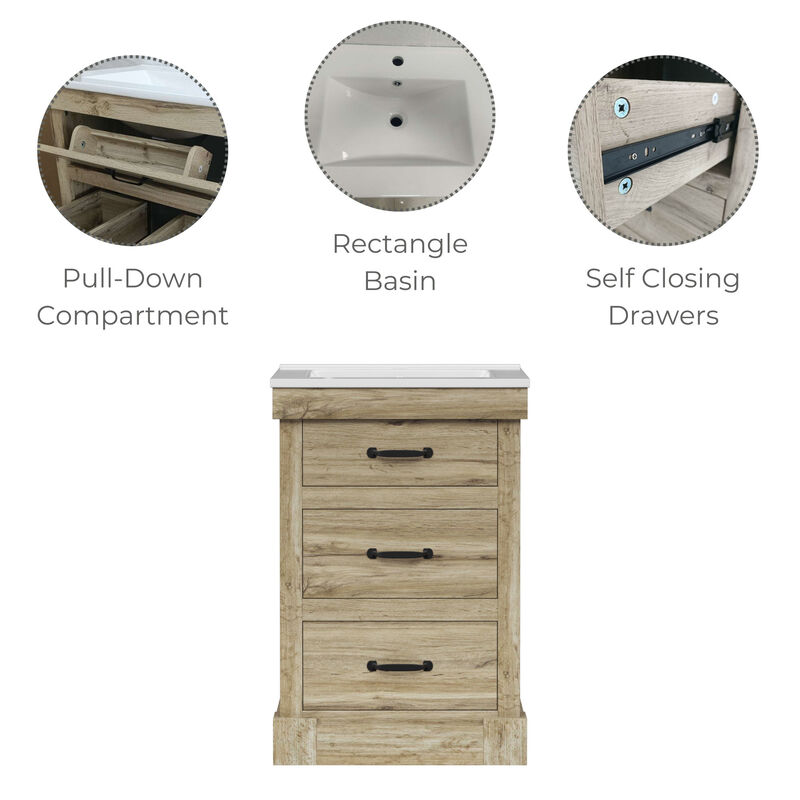 Donovan 24" Single Bathroom Vanity with Two Drawers, Light Oak image number 2