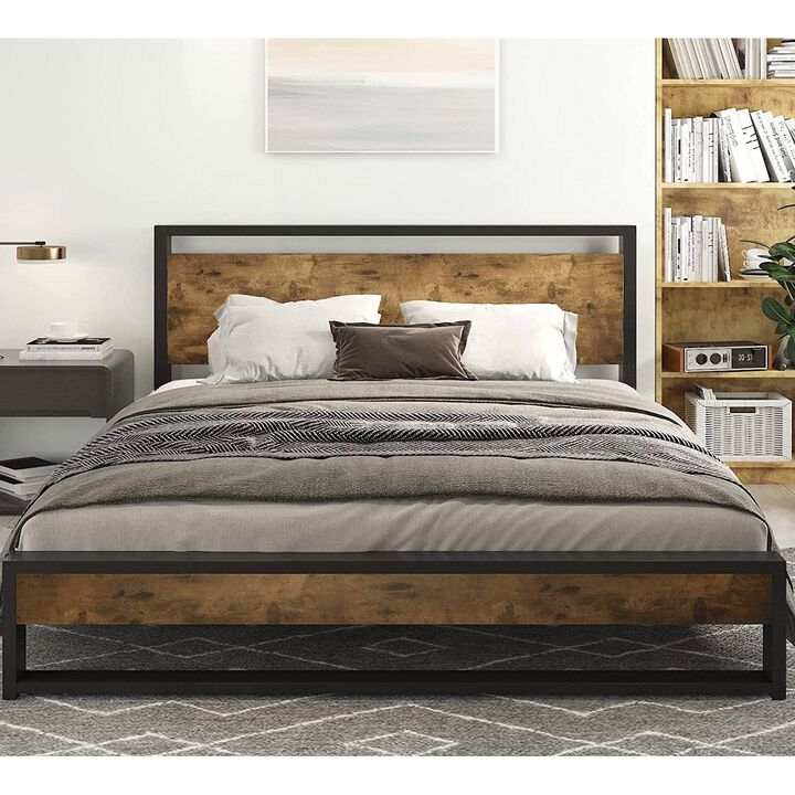 Wood Panel Headboard and Footboard Platform Bed – Farmhouse Metal Frame with Modern Style