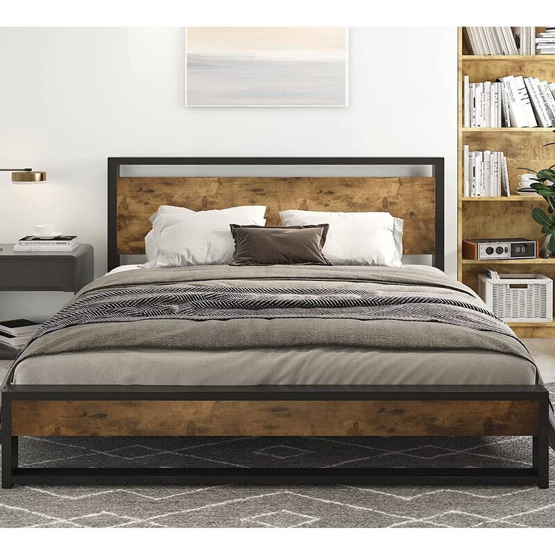 Wood Panel Headboard and Footboard Platform Bed – Farmhouse Metal Frame with Modern Style