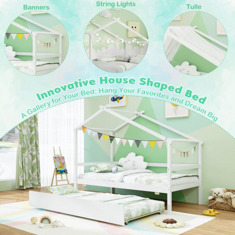 Hivvago Kids Twin Size House Bed with Trundle and Roof