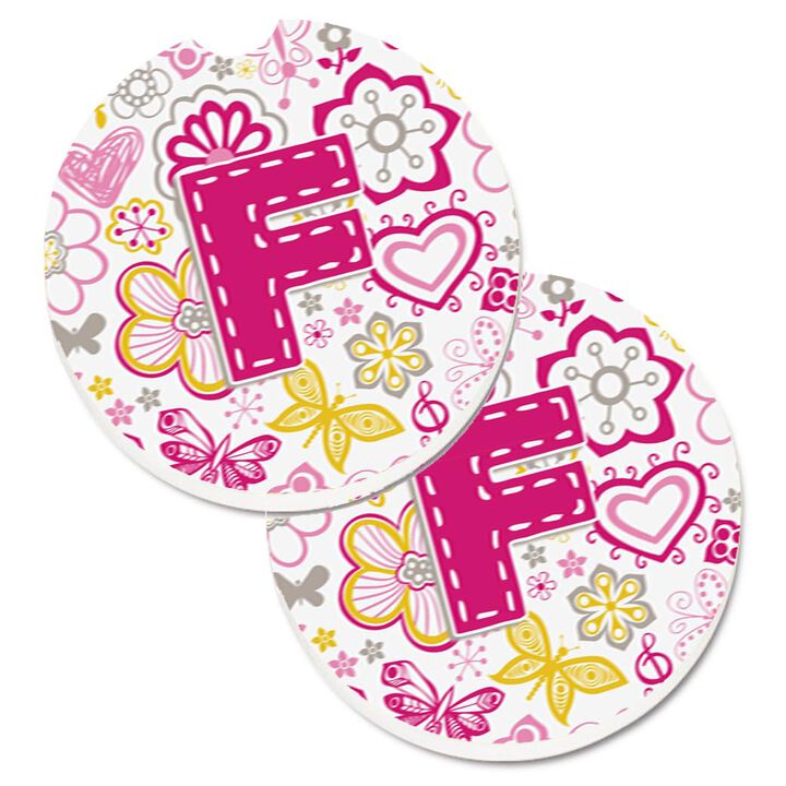 Caroline's Treasures Letter F Flowers & Butterflies pink Set of 2 Cup Holder Car Coasters CJ2005-FCARC, 2.56, Multicolor