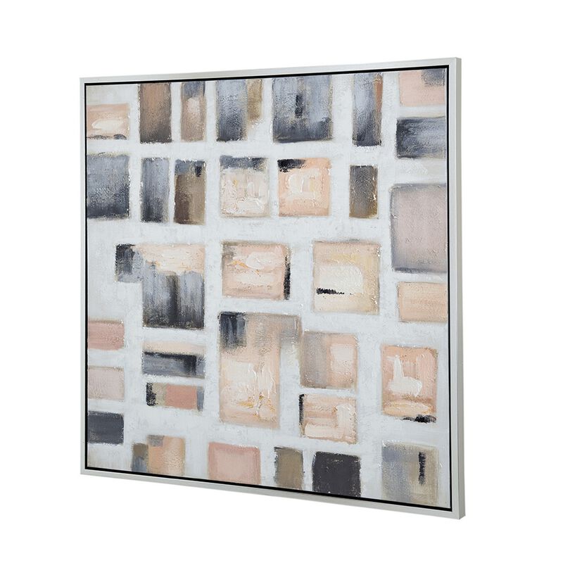 39 x 39 Framed Handpainted Wall Art, Cornerstone Square, Canvas, White Gray - Benzara