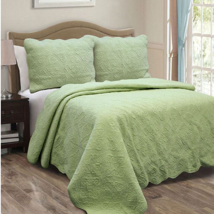 QuikFurn Full Queen Green Cotton Quilt Bedspread with Scalloped Borders