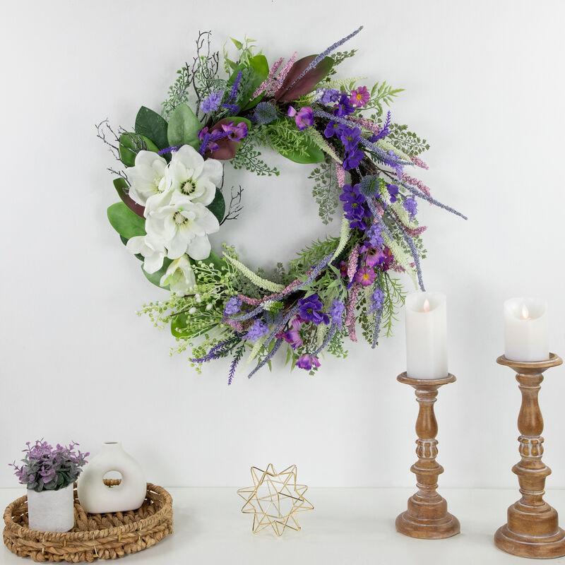 Mixed Wildflowers and Magnolias Artificial Spring Wreath  24-Inch