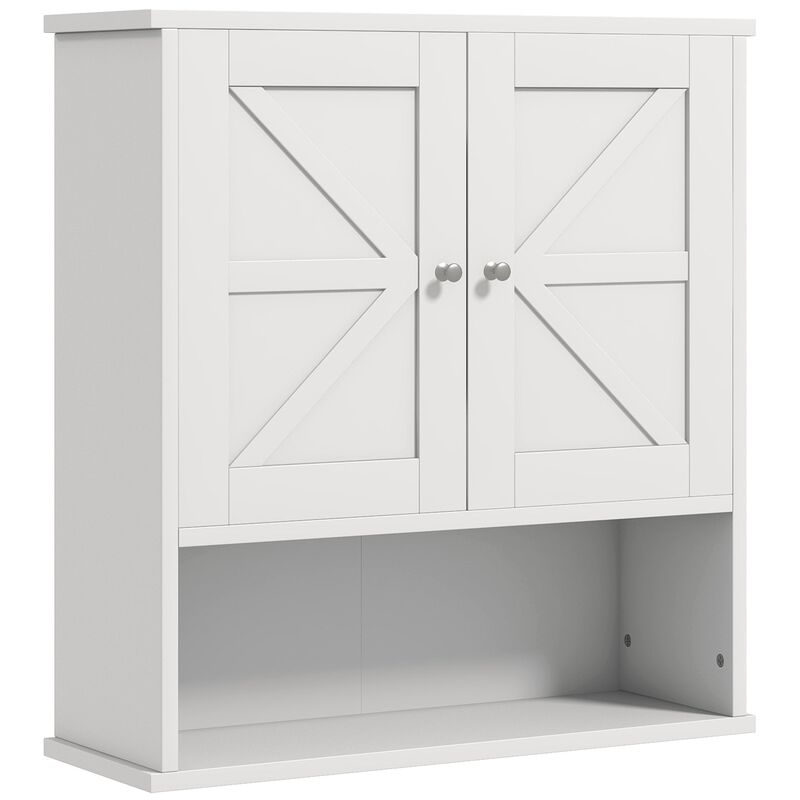 Farmhouse Bathroom Wall Cabinet, Wall Mounted Medicine Cabinet with Barn Doors and Adjustable Shelf for Laundry Room,White