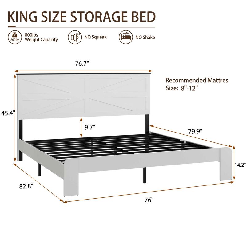 Wood and Metal Industrial Platform Bed with Geometric Paneled Headboard image number 6