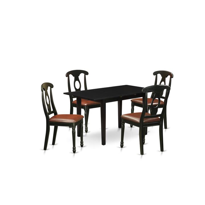 East West Furniture NOKE5-BLK-LC 5-Pc Dining Room Set 4 Dining Room Chairs with Napoleon Back and a Faux Leather Seat and Wooden Dining Table with Butterfly Leaf Rectangular Top and 4 Legs- Black Fini