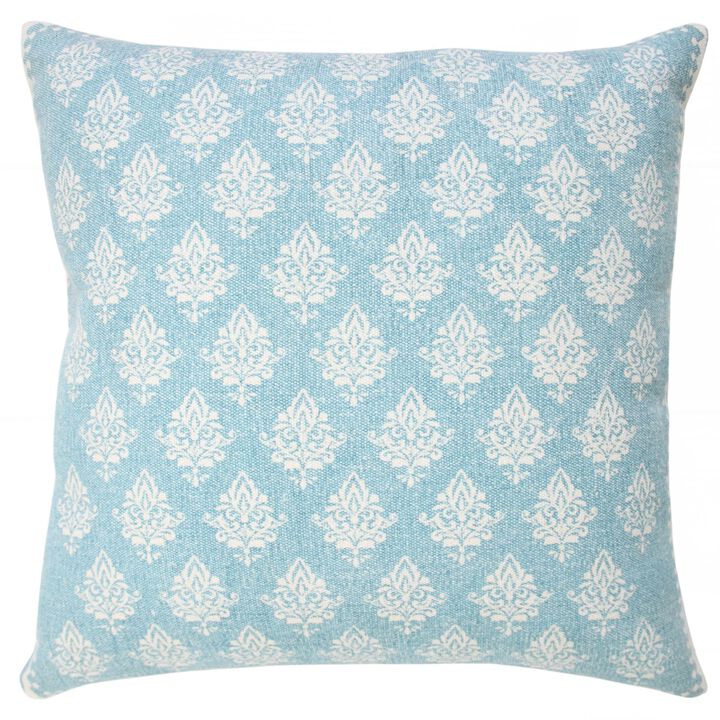 20" White and Blue Floral Pattern Square Throw Pillow