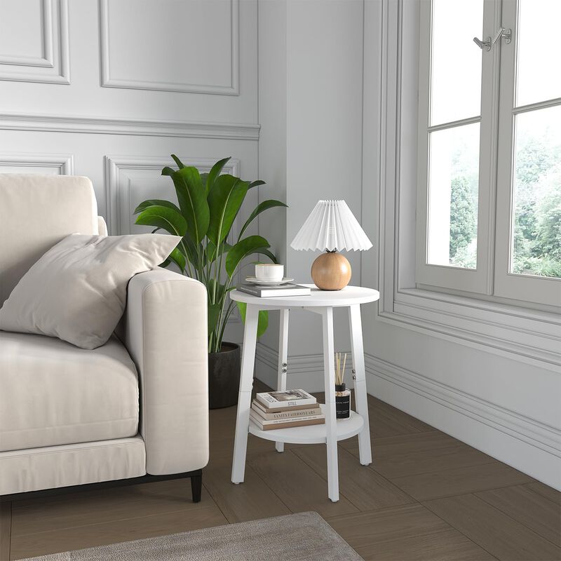 sthmec Side Table, Small Round End Table with Storage Shelf for Small Space, 2-Tier Small Bedside Table Sofa Couch Table, Round