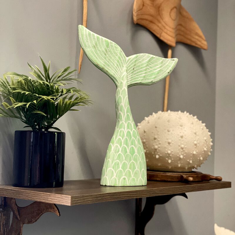 Turquoise Wood Mermaid Tail Sculpture 1375 Coastal Table Decor Ocean Art image number 6