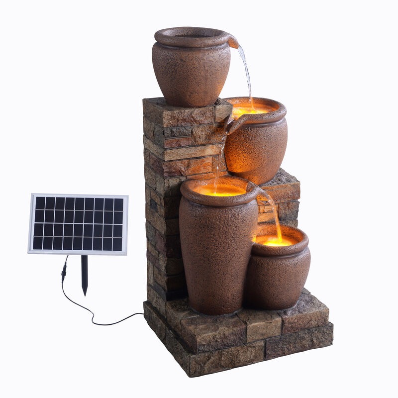 4-Tier Outdoor Solar Water Fountain with LED Lights, Brown image number 3