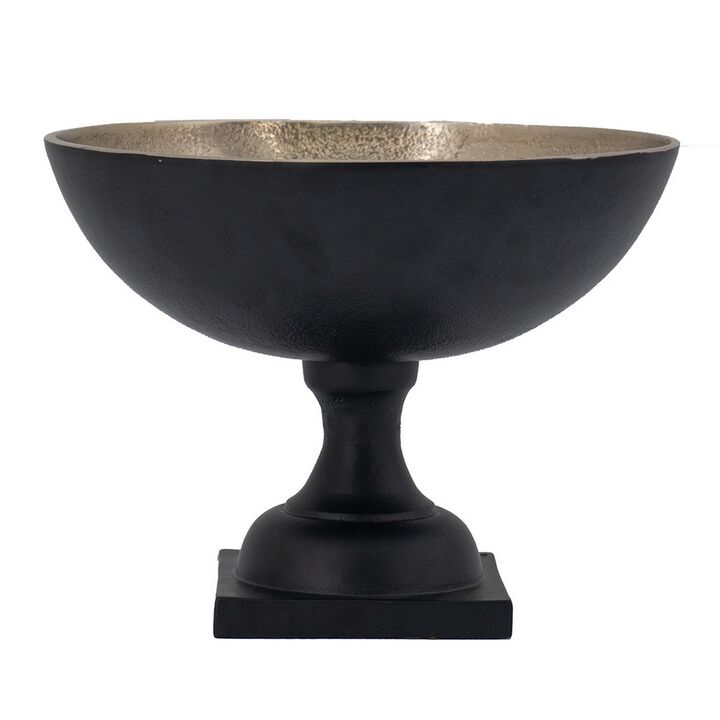10 Inch Vintage Style Accent Bowl, Gold, Antique Black, Pedestal Stand - Benzara