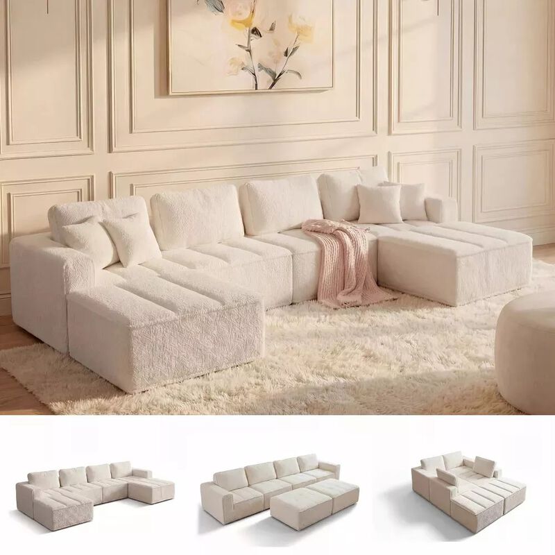 Vipbear 145.6" Modular U-Shaped Cloud Sectional Sofa, Fluffy Teddy Fabric Convertible Couch image number 7