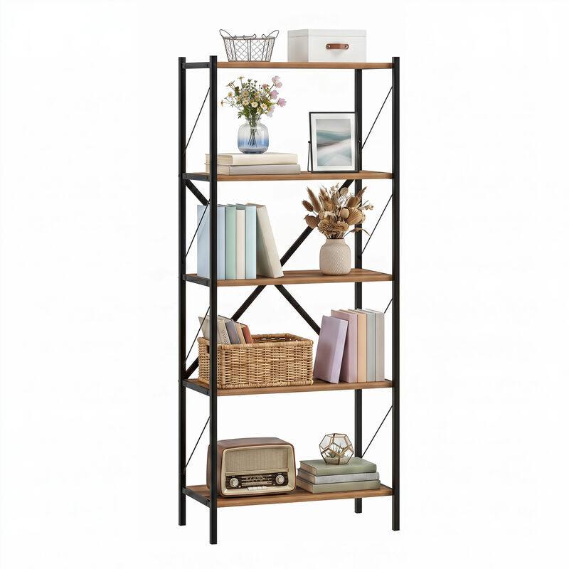 Modern 5-Tier Bookshelf Industrial Bookcase Metal Frame Storage image number 3