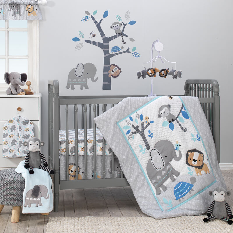 Bedtime Originals Jungle Fun Fitted Crib Sheet - Blue, Gray, White, Animals