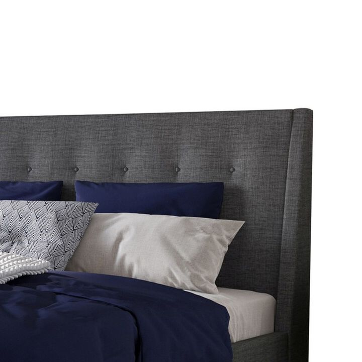 Atina King Bed, Dark Charcoal Gray Linen Upholstered, Slanted Headboard  - Benzara