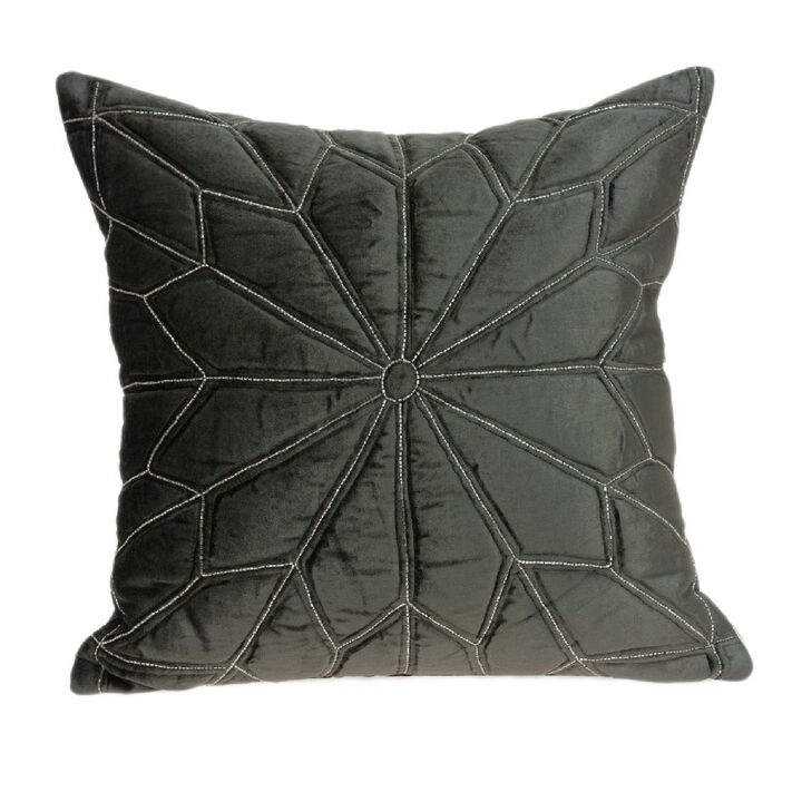 20" Gray Flower Beaded Quilted Cotton Square Throw Pillow