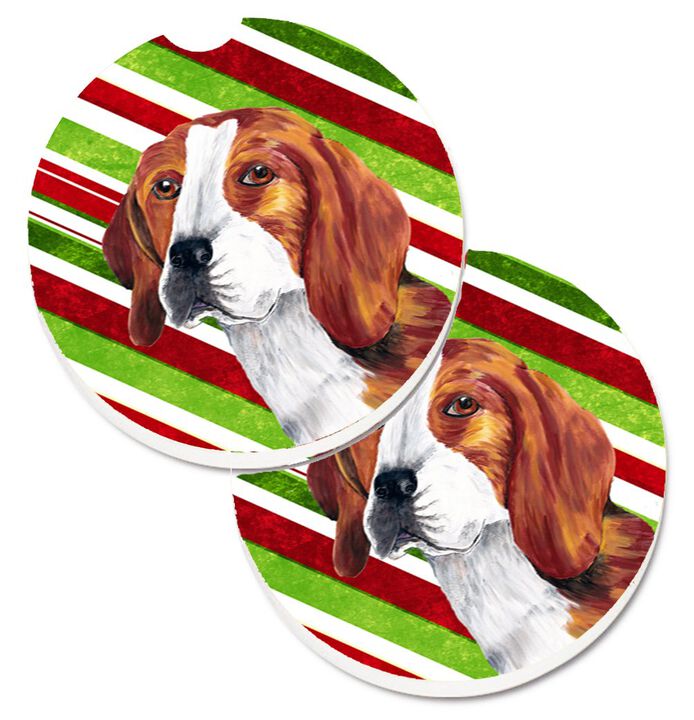 Caroline's Treasures Beagle Candy Cane Holiday Christmas Set of 2 Cup Holder Car Coasters SC9329CARC, 2.56, Multicolor