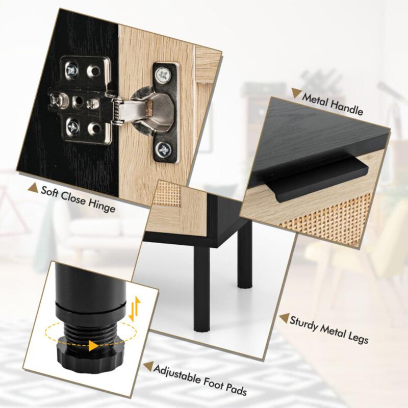 Hivvago Rattan Nightstand Set of 2 with Drawer and Cabinet