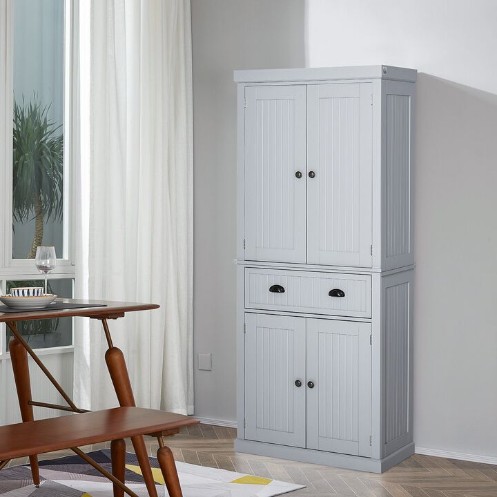 72" Traditional Kitchen Pantry Cabinet Cupboard Freestanding Pantry Cabinet with Doors and 3 Adjustable Shelves, Grey