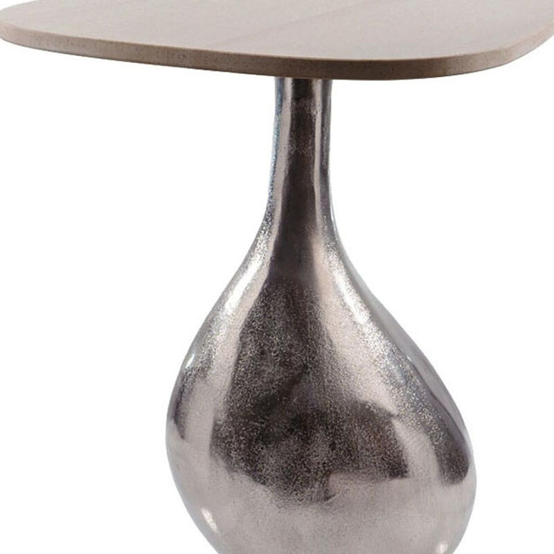 Hivvago 22 Inch Silver And Beige Cast Aluminum And Marble Pedestal End Table