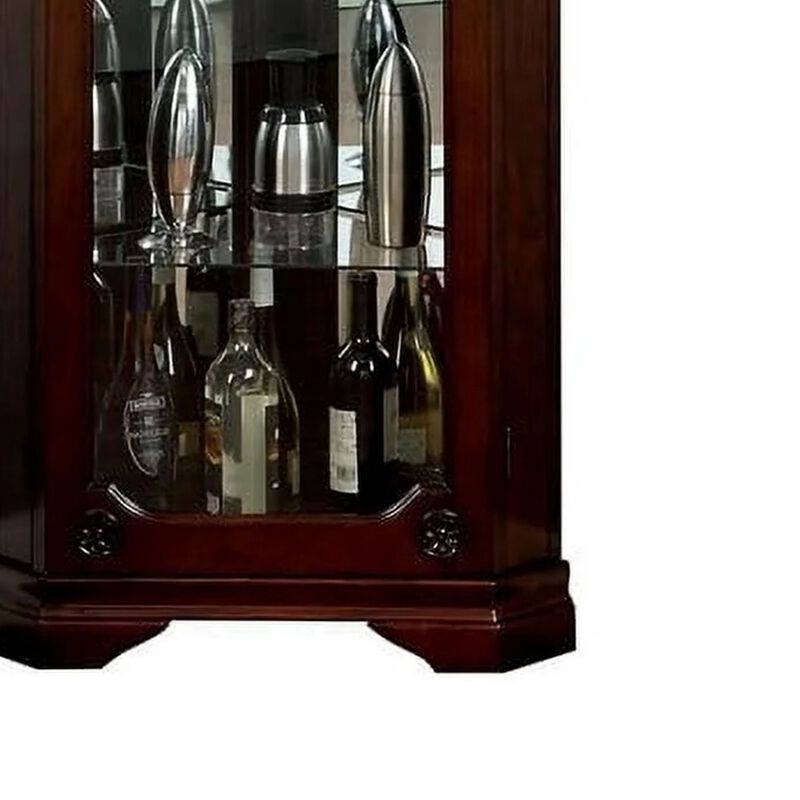 72 Inch Corner Curio Cabinet, 5 Shelves, Tempered Glass Door, Brown Wood - Benzara