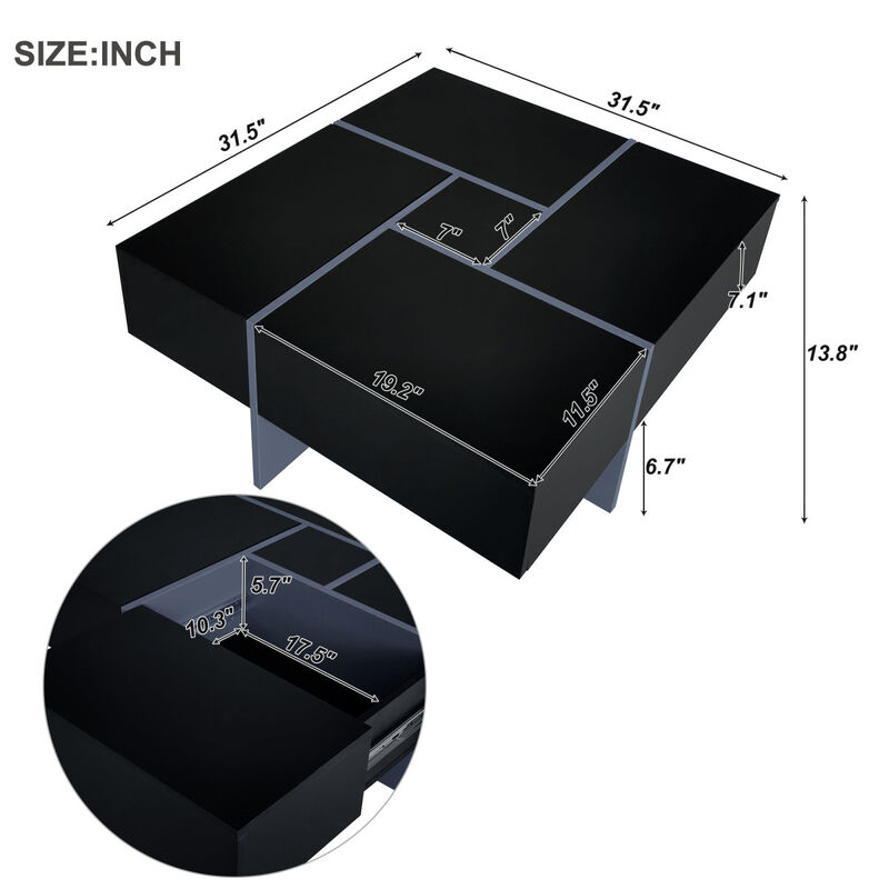 Unique Design Coffee Table with 4 Hidden Storage Compartments, Square Cocktail Table with Extendable Sliding Tabletop, UV Highgloss Design Center Table for Living Room, 31.5"x 31.5"