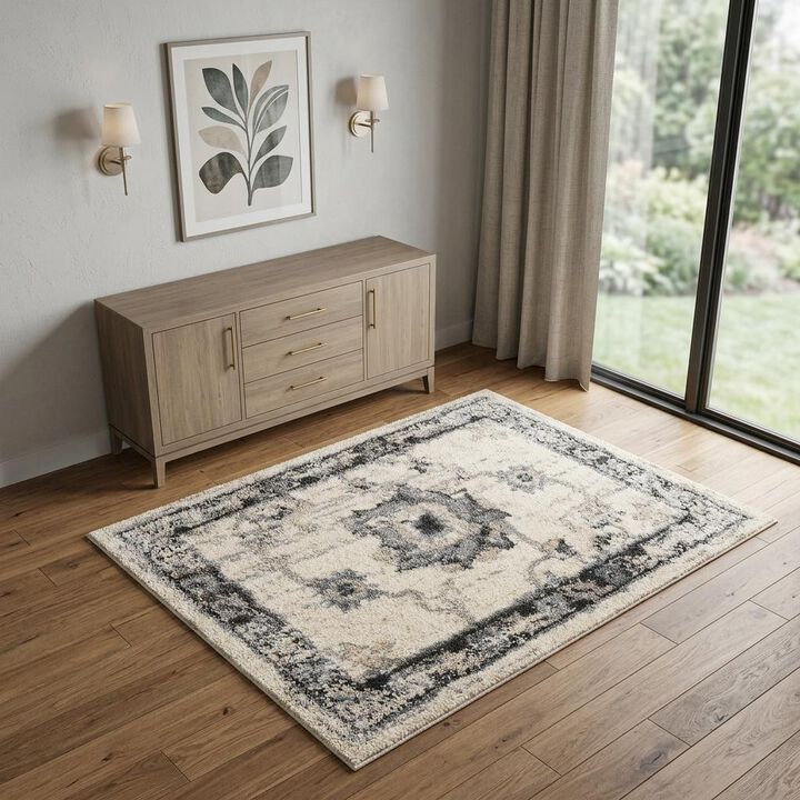 HomeRoots Floral Medallion Distressed Area Rug