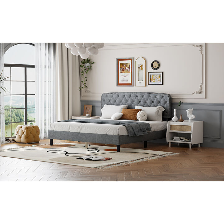 King size Adjustable Headboard with Fine Linen Upholstery and Button Tufting for Bedroom, Wave Top LIGHT GREY