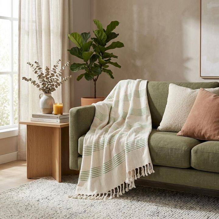 HomeRoots Gray and Green Woven Cotton Throw Blanket with Fringe