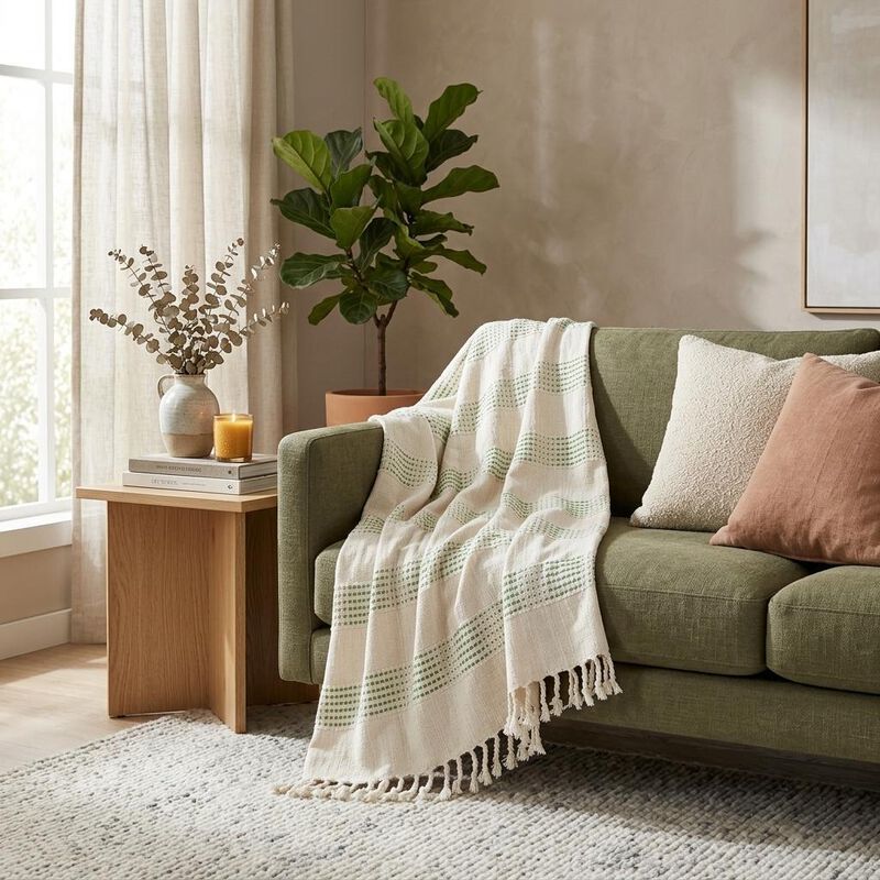 HomeRoots Gray and Green Woven Cotton Throw Blanket with Fringe image number 1