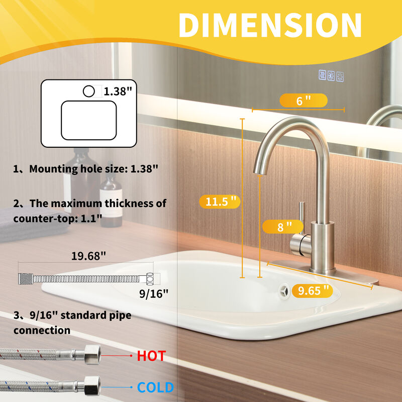 Mondawe Bathroom Sink Faucet, Single Handle 1 Hole Deck Mount Basin Hot & Cold Water with Deck Plate Lavatory Vanity Sink