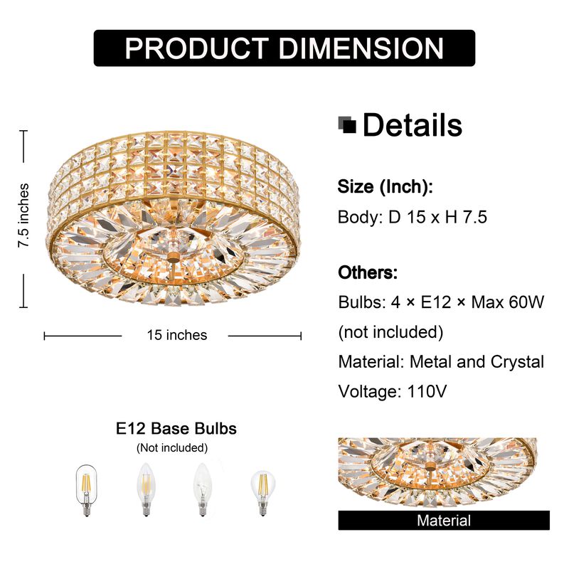 Carlota Glossy Brass 4-light Crystal and Prism Round Flush Mount image number 2