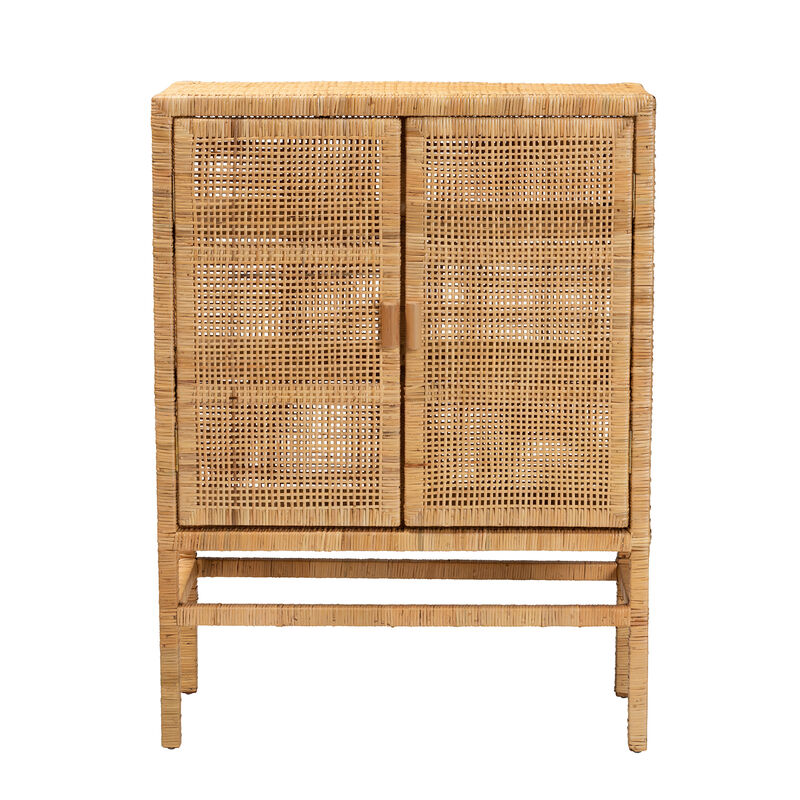 Bali & Pari Vivan Modern Natural Brown Rattan and Mahogany Wood 3-Shelf Storage Cabinet
