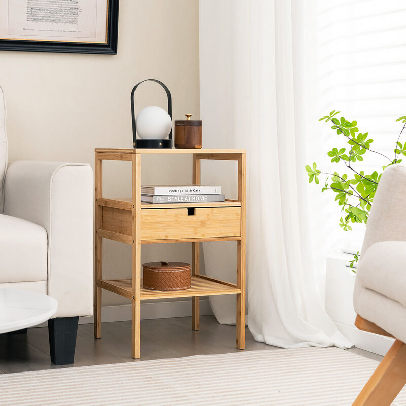 Nightstand with Storage Drawer and Slatted Shelf-1 Piece