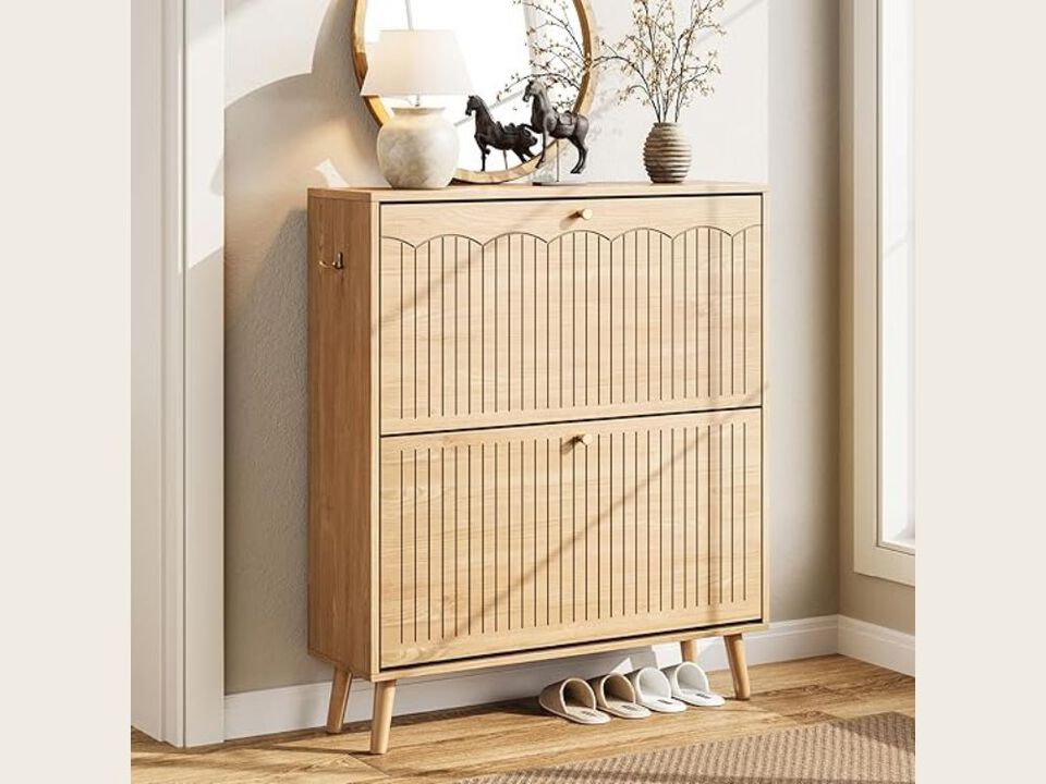 Slim Entryway Wood Shoe Cabinet Flip Drawer Adjustable Space Saving Natural Oak