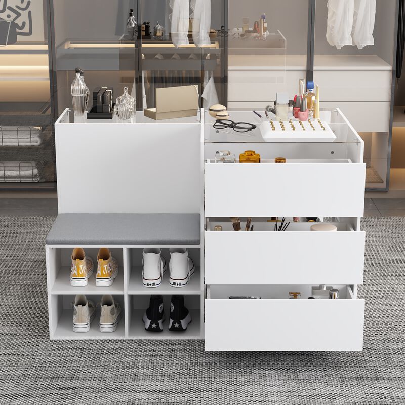 Armoire Bedroom Island Wardrobe Closet Island with 9 Drawers & Glass Tabletop, Island Dresser with Cushion Bench, Closet Island for Bedroom Cloakroom White (47.2&rdquo;W x 27.5&rdquo;W x 31.5&rdquo;H) image number 2