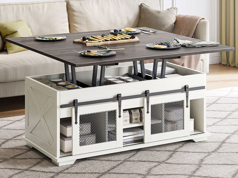 BELLEZE Lift Top Coffee Table, 44" Farmhouse Coffee Table with Storage & Sliding Barn Doors, 3 in 1 Multi-Function Coffee Table for Living Room, Dining Reception Room, Lawson - White Sand