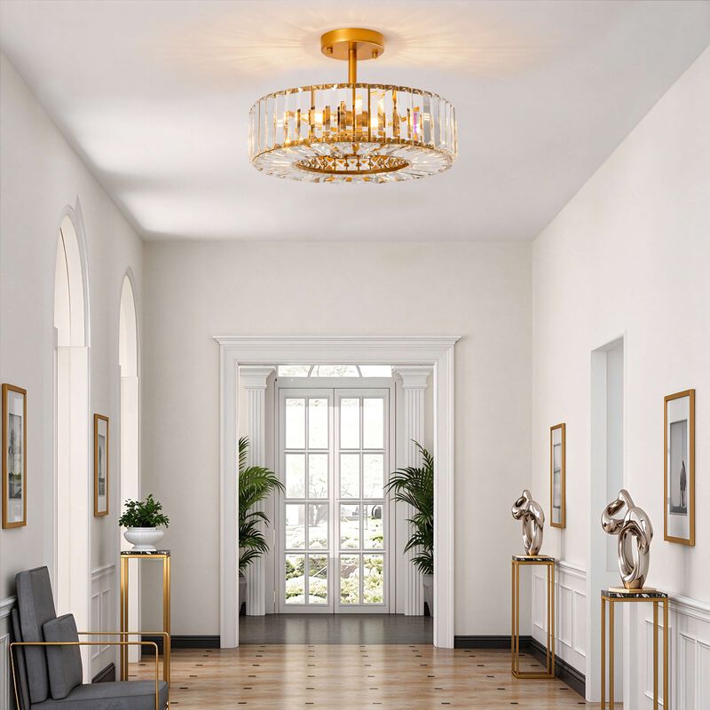 Sonia 15" 4- Light Clear Crystal Glass Round Drum Semi-Flush Mount - Low-gloss Warm Brass Finish image number 4