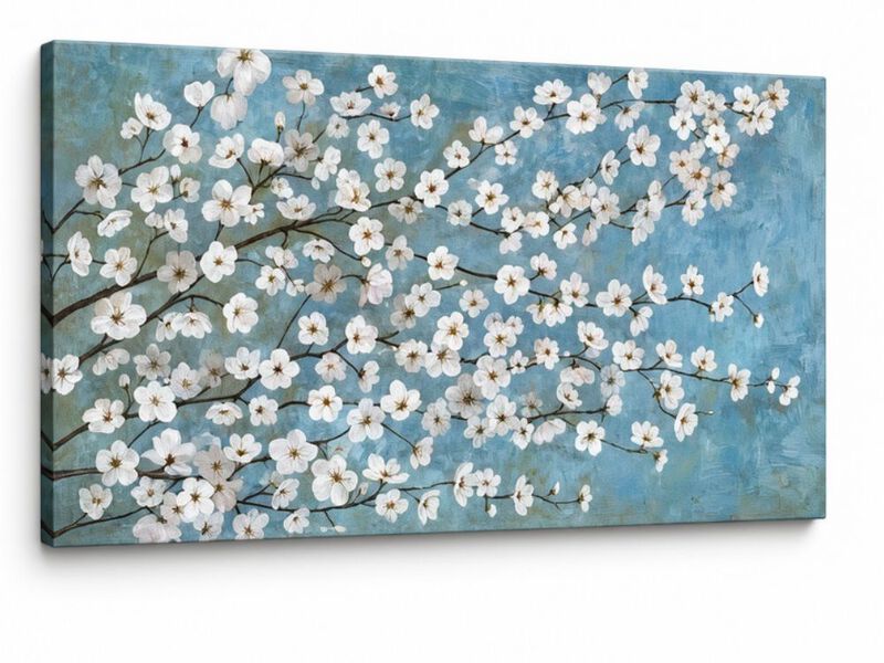 Large Flowers Wall Art White Blossom Branches Canvas Living Room Rustic Light image number 0