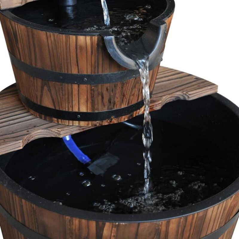Outdoor 2-Tier Solid Wood Whiskey Barrel Waterfall Fountain with Electric Pump for Rustic Patio and Garden Décor