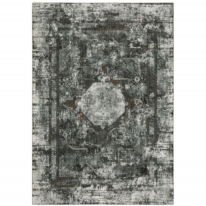 5 X 8 charcoal Rust grey Blue Ivory And Brown Oriental Power Loom Stain Resistant Area Rug