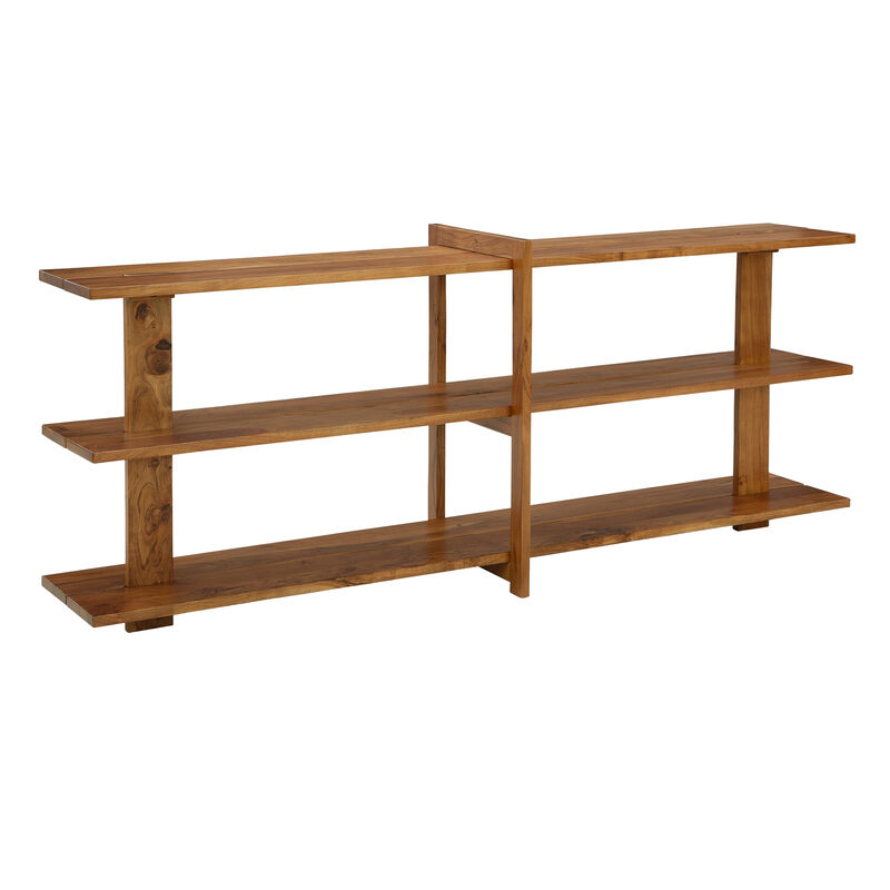 Console Sofa Table, 3 Open Shelves, Brown 78 Inch Solid Acacia Wood - Benzara