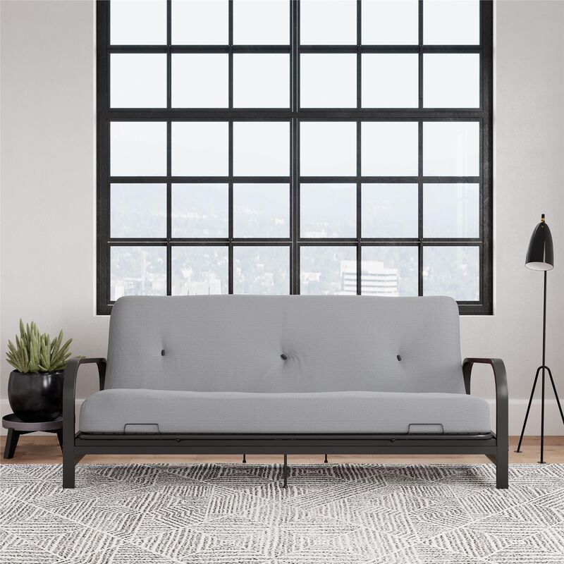 Atwater Living Max Black Metal Arm Full Size Futon Frame with 6" Thermobonded High Density Polyester Fill Herringbone Futon Mattress