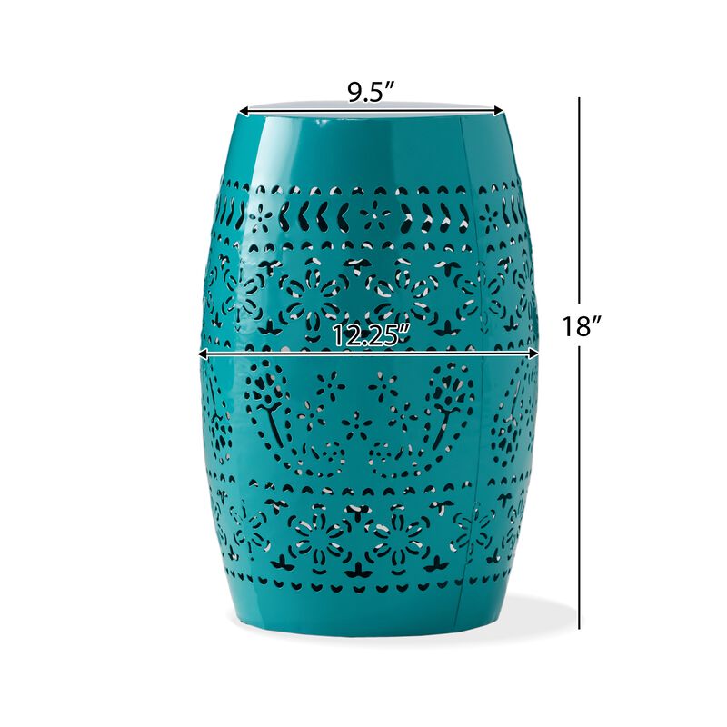 Outdoor Garden Stool Side Table, Lace-Cut 12 Inch Top, Teal Iron - Benzara