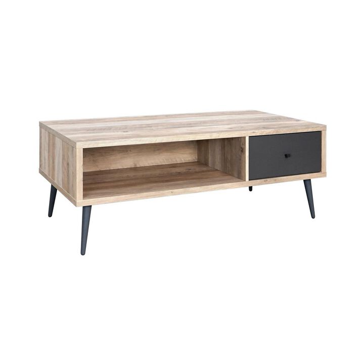 Carly 47 Inch Coffee Table, Tapered Legs, 1 Drawer, Light Brown and Gray - Benzara